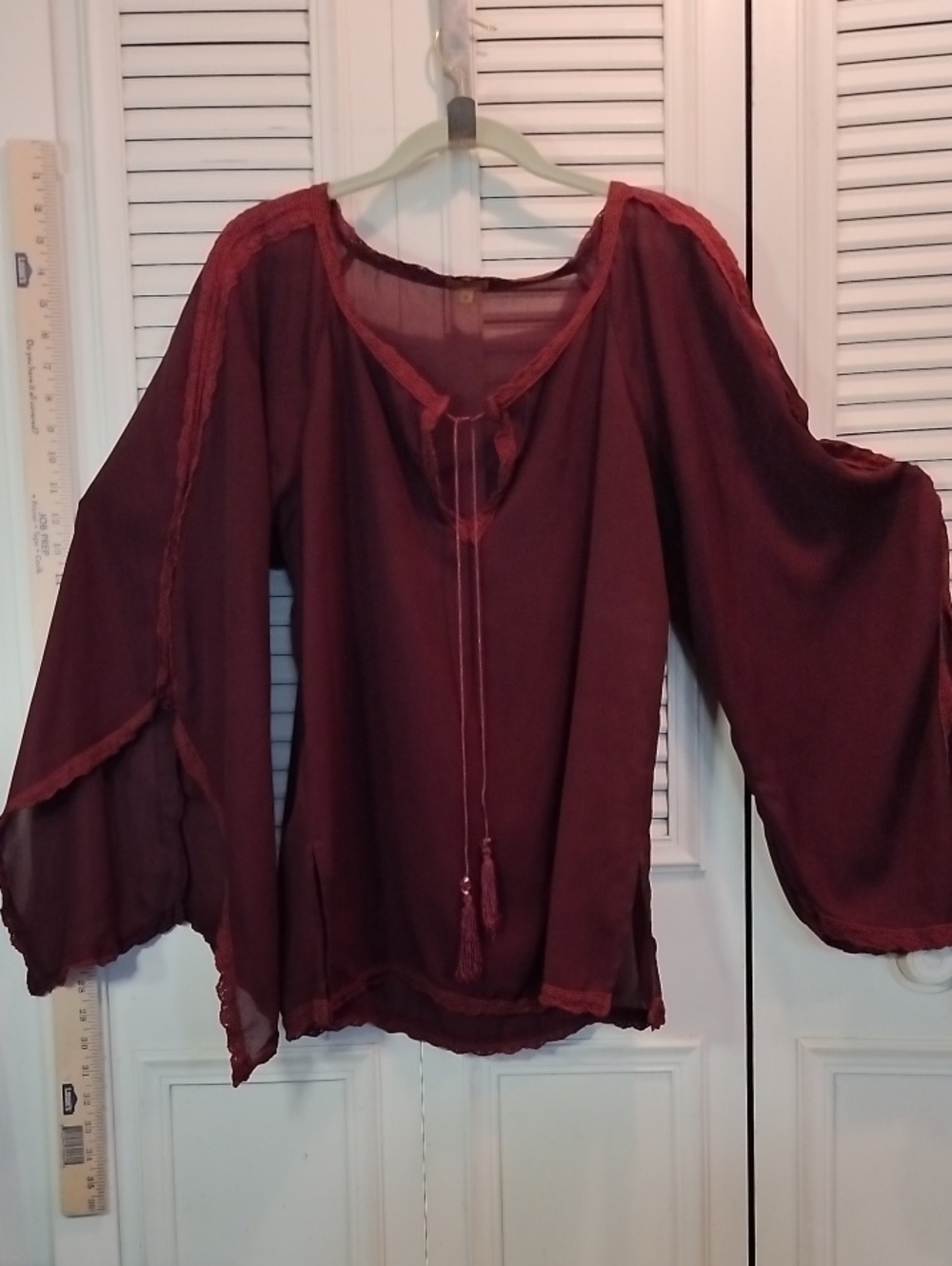 Arden B Burgundy Boho Peasant Tunic with Tassel Tie